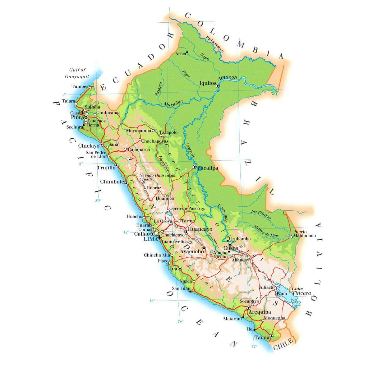 mapa fizički mapu Perua